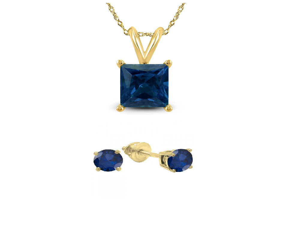 18K Yellow Gold 4ct Blue Sapphire Square 18 Inch Necklace and Round Earrings Set Plated