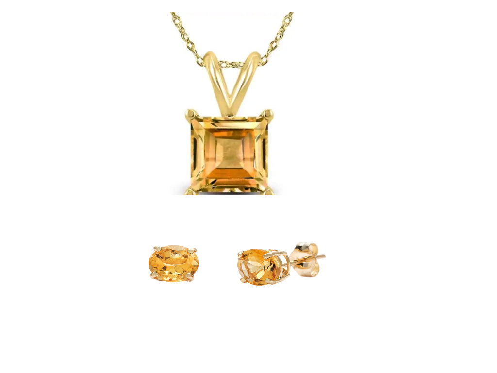 18K Yellow Gold 3ct Citrine Square 18 Inch Necklace and Round Earrings Set Plated