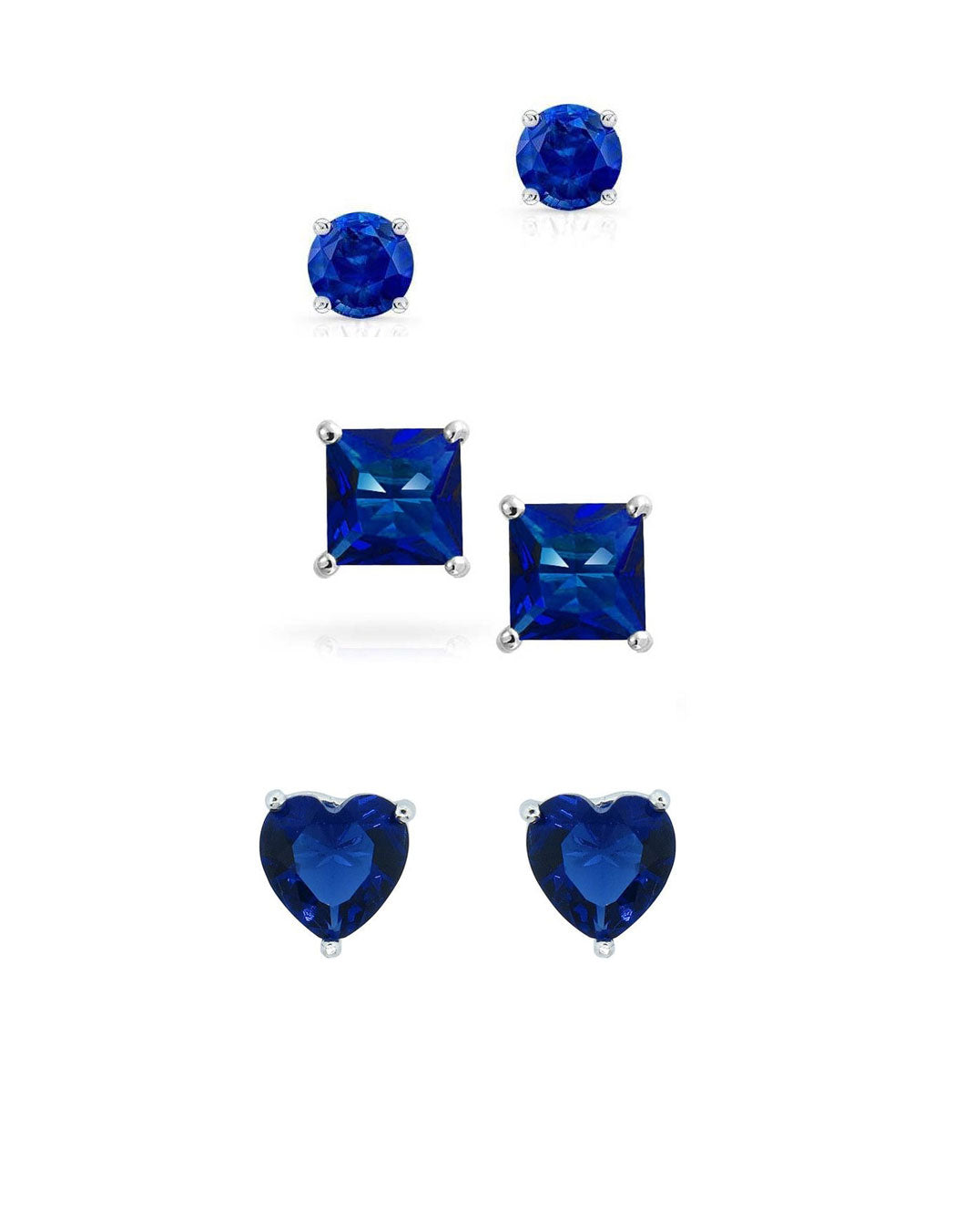 DiamondX 18k White Gold Created Blue Sapphire 3 Pair Round, Square and Heart Stud Earrings Plated 4mm