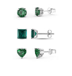 DiamondX 18k White Gold Created Emerald 3 Pair Round, Square And Heart Stud Earrings Plated 4mm