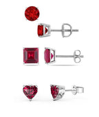 DiamondX 18k White Gold 4Cttw Created Ruby 3 Pair Round, Square And Heart Stud Earrings Plated