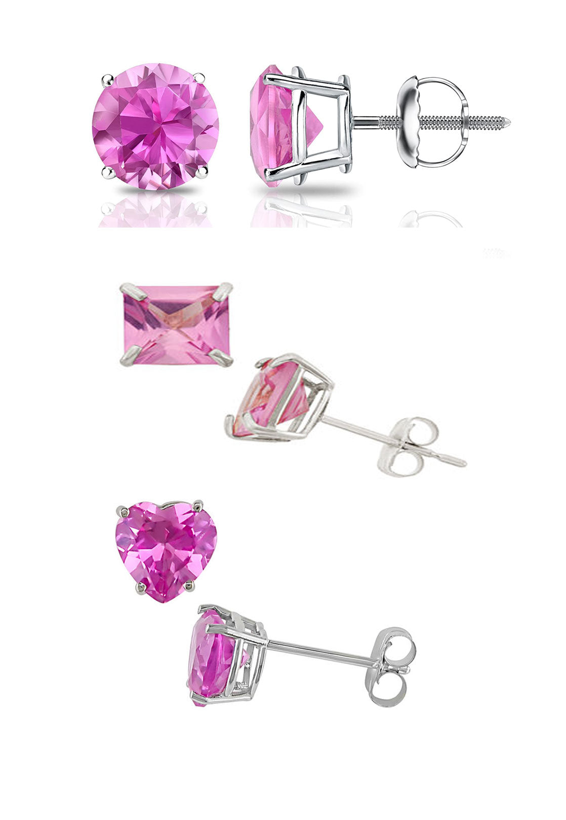 18k White Gold Plated 3Cttw 8mm Created Pink Sapphire 3 Pair Round, Square and Heart Stud Earrings