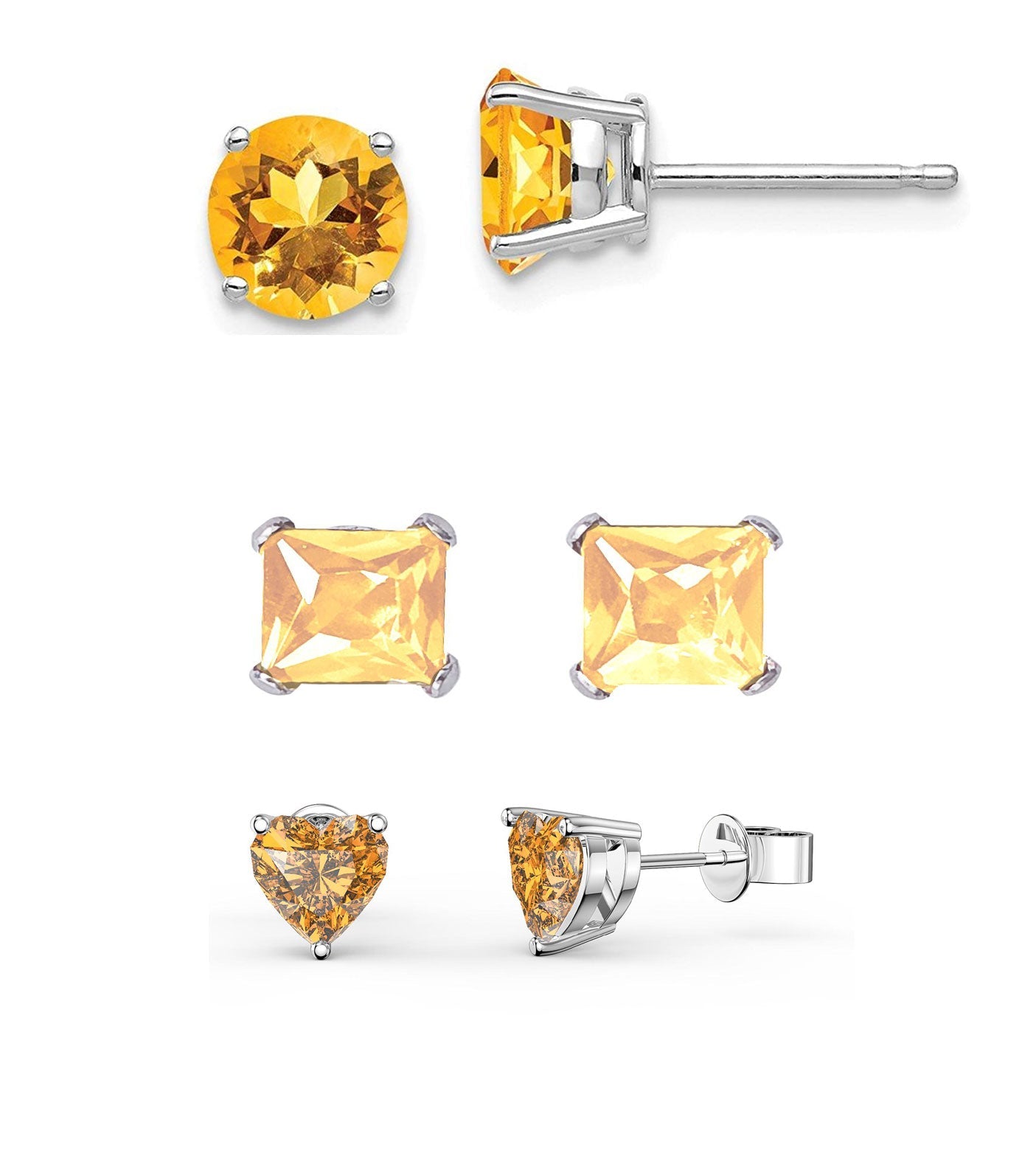 DiamondX 18k White Gold 4Cttw Created Citrine 3 Pair Round, Square And Heart Stud Earrings Plated