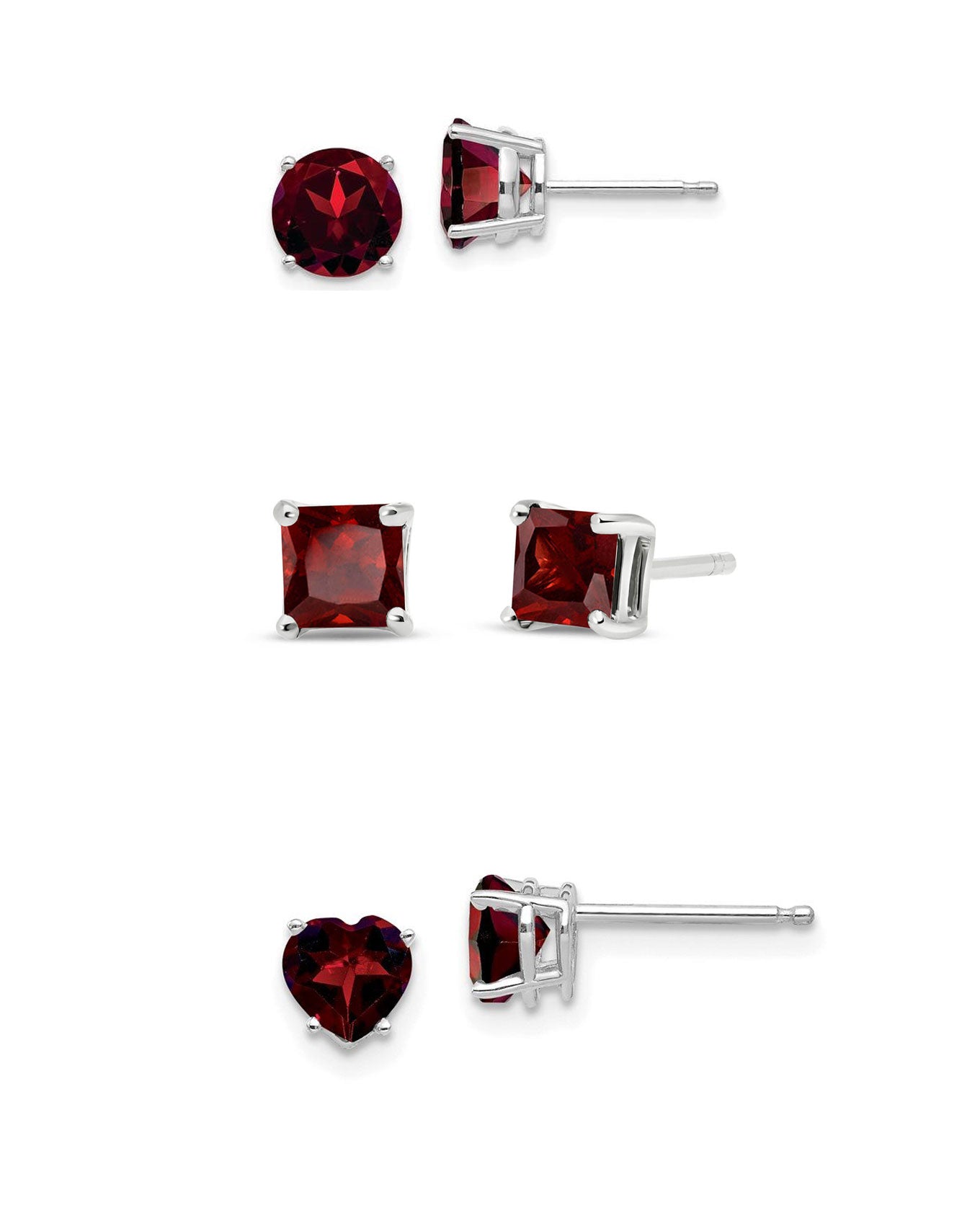 DiamondX 18k White Gold Created Garnet 3 Pair Round, Square And Heart Stud Earrings Plated 4mm