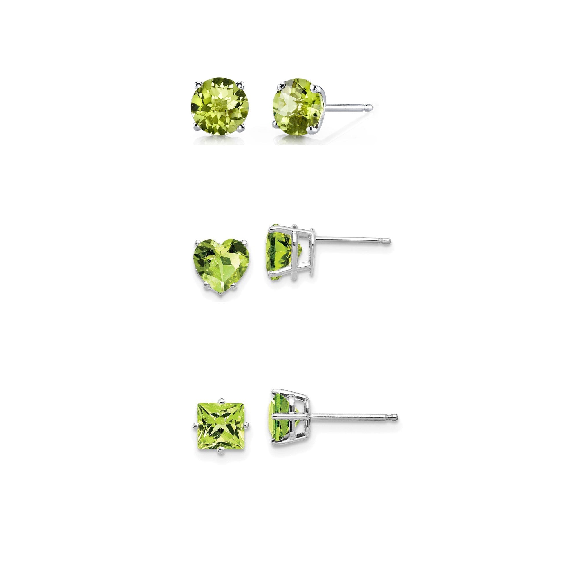 DiamondX 18k White Gold Created Peridot 3 Pair Round, Square And Heart Stud Earrings Plated 4mm