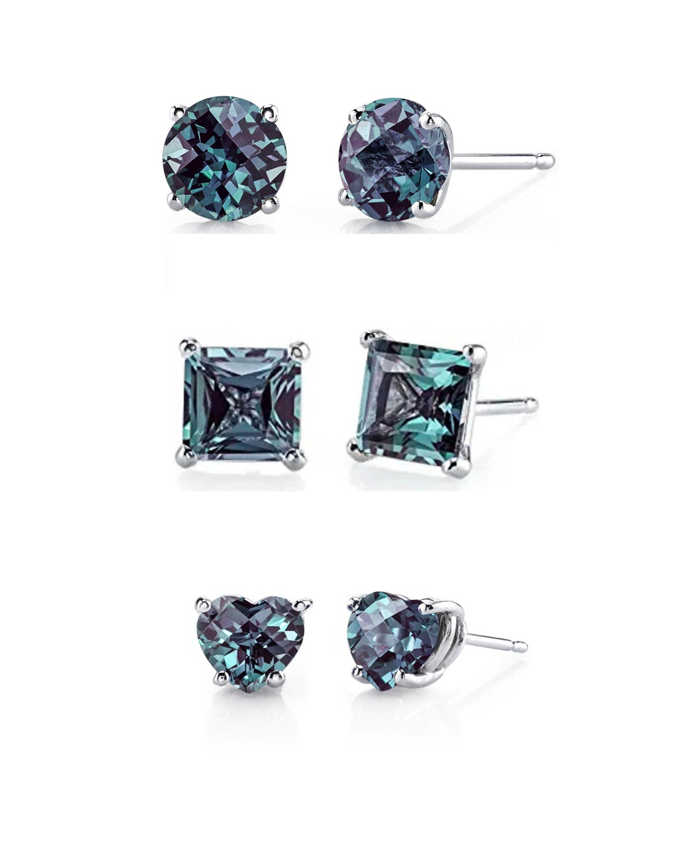 DiamondX 18k White Gold 4Cttw Created Alexandrite 3 Pair Round, Square and Heart Stud Earrings Plated