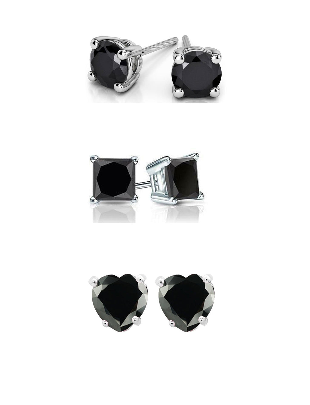 18k White Gold Plated 6mm Created Black Sapphire 3 Pair Round, Square and Heart Stud Earrings Plated
