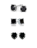 18k White Gold Black Moissanite 3 Pair Round, Square and Heart Stud Earrings Plated 4mm By DiamondX