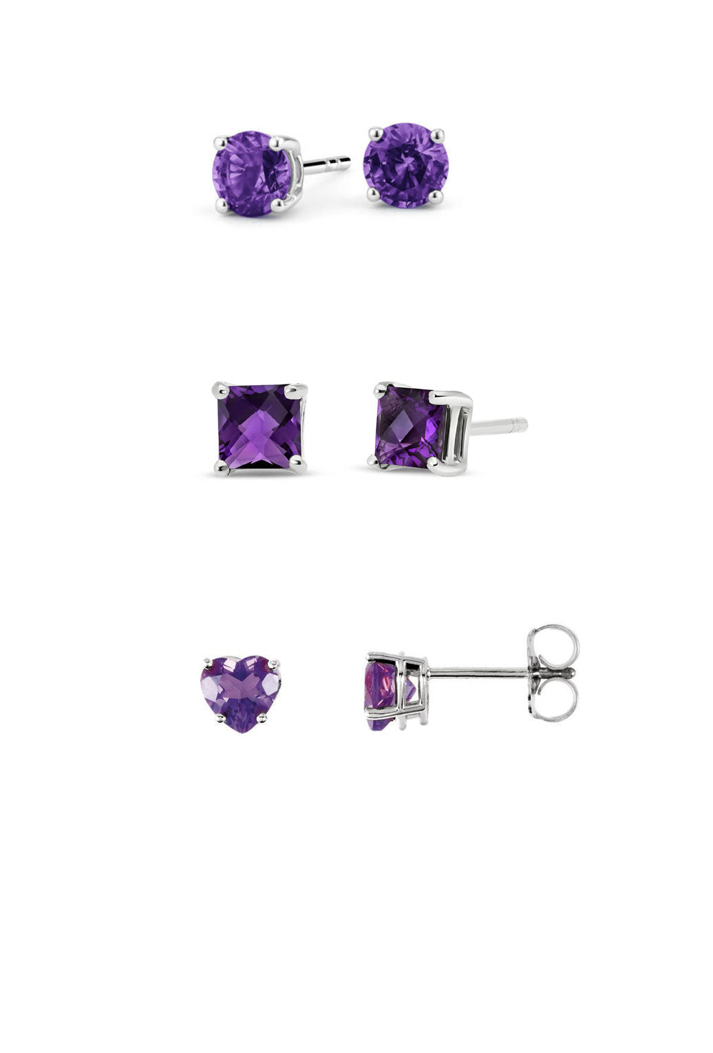 DiamondX 18k White Gold 4Cttw Created Amethyst 3 Pair Round, Square And Heart Stud Earrings Plated