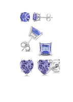 DiamondX 18k White Gold 4Cttw Created Tanzanite 3 Pair Round, Square And Heart Stud Earrings Plated