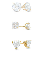 18k Yellow Gold Moissanite 3 Pair Round, Square and Heart Stud Earrings Plated 6mm By DiamondX