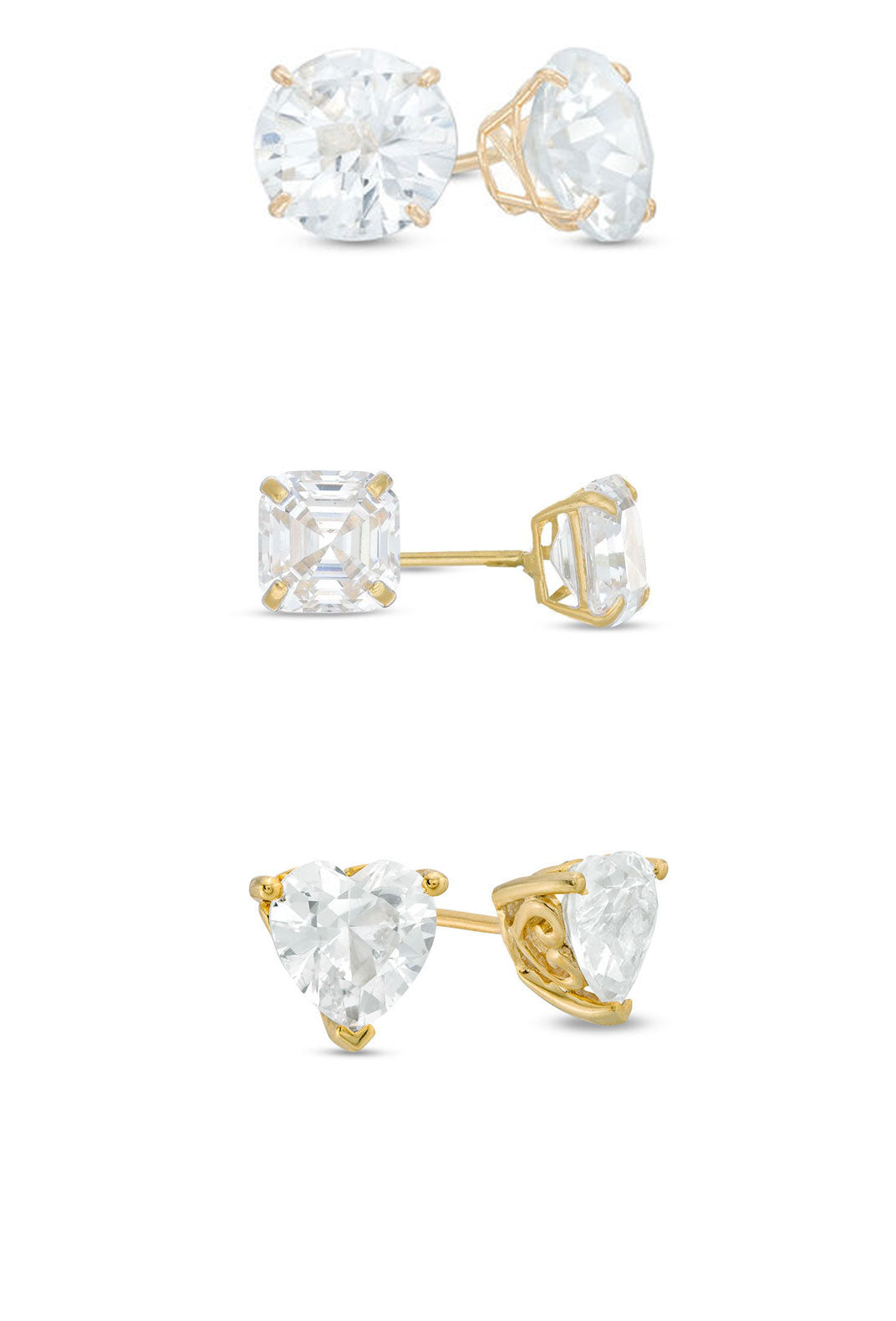 18k Yellow Gold Moissanite 3 Pair Round, Square and Heart Stud Earrings Plated 4mm By DiamondX