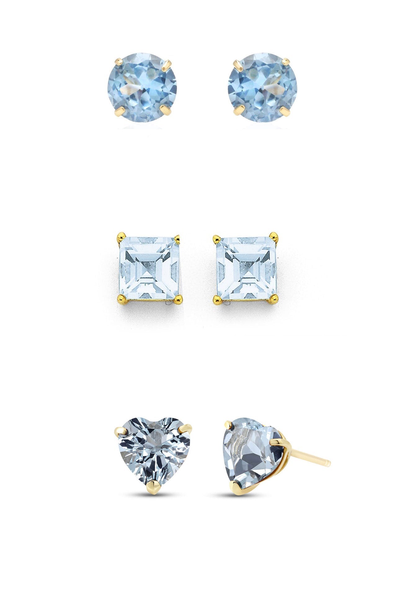 DiamondX 18k Yellow Gold Created Aquamarine 3 Pair Round, Square And Heart Stud Earrings Plated 4mm