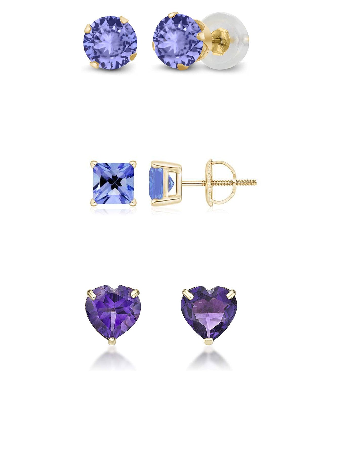 DiamondX 18k Yellow Gold Created Tanzanite 3 Pair Round, Square and Heart Stud Earrings Plated 4mm