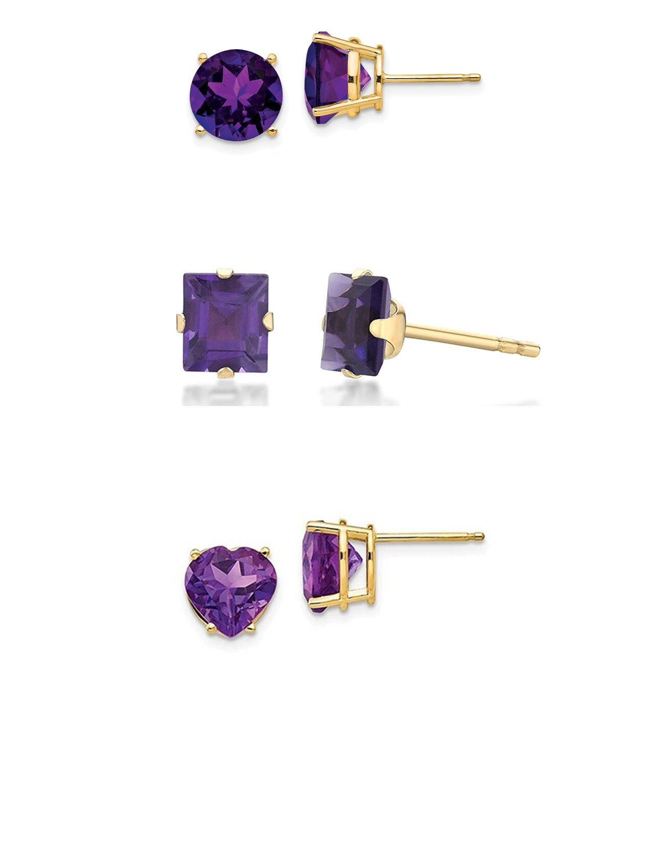DiamondX 18k Yellow Gold 4Cttw Created Amethyst 3 Pair Round, Square And Heart Stud Earrings Plated