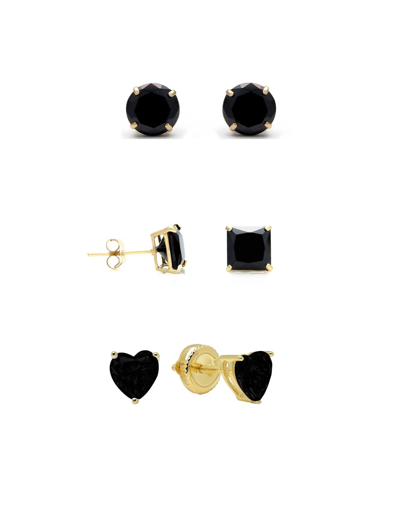 18k Yellow Gold Created Black Moissanite 3 Pair Round, Square And Heart Stud Earrings 6mm Plated By DiamondX