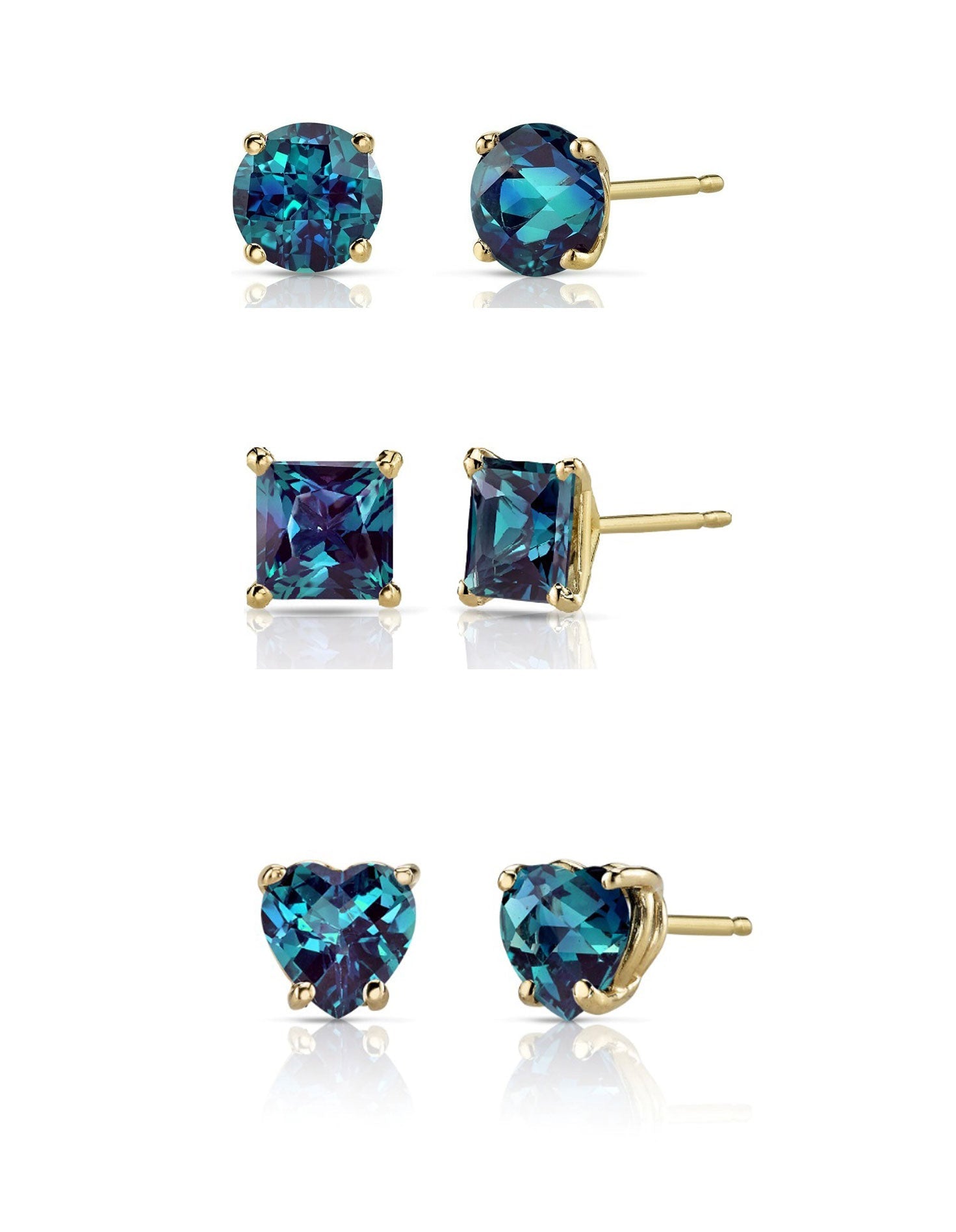 DiamondX 18k Yellow Gold 4Cttw Created Alexandrite 3 Pair Round, Square And Heart Stud Earrings Plated