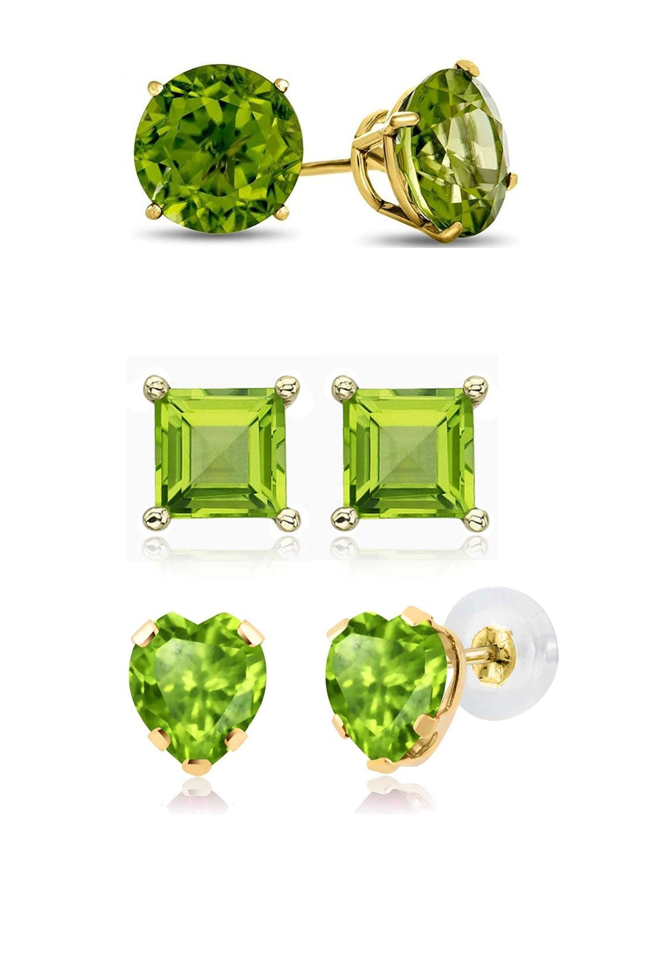 DiamondX 18k Yellow Gold 4Cttw Created Peridot 3 Pair Round, Square And Heart Stud Earrings Plated