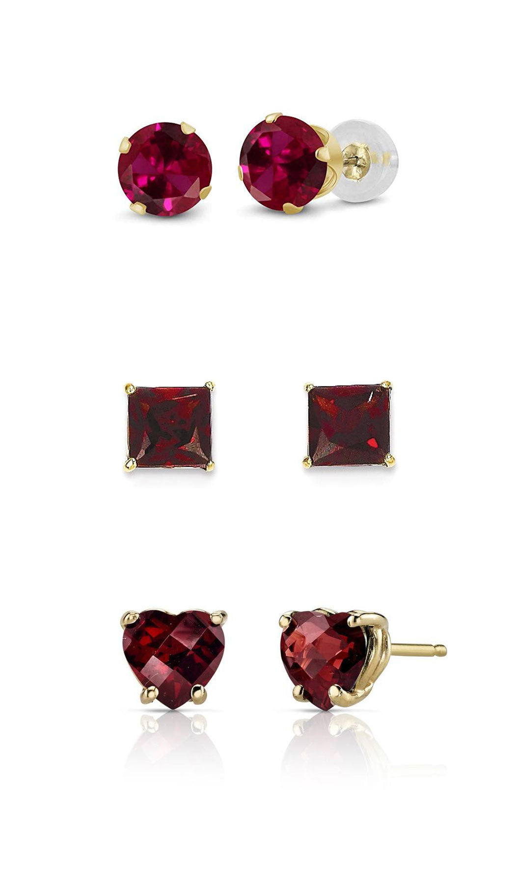 DiamondX 18k Yellow Gold 4Cttw Created Garnet 3 Pair Round, Square And Heart Stud Earrings Plated