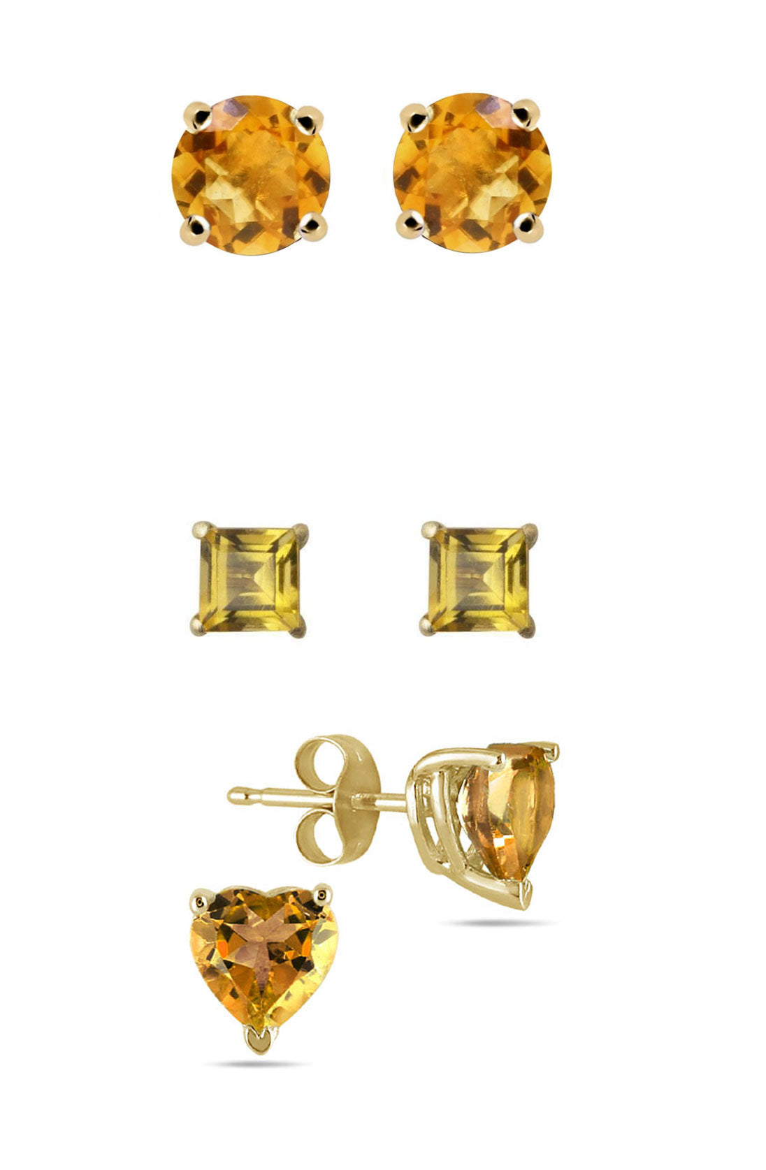 DiamondX 18k Yellow Gold Created Citrine 3 Pair Round, Square And Heart Stud Earrings Plated 4mm
