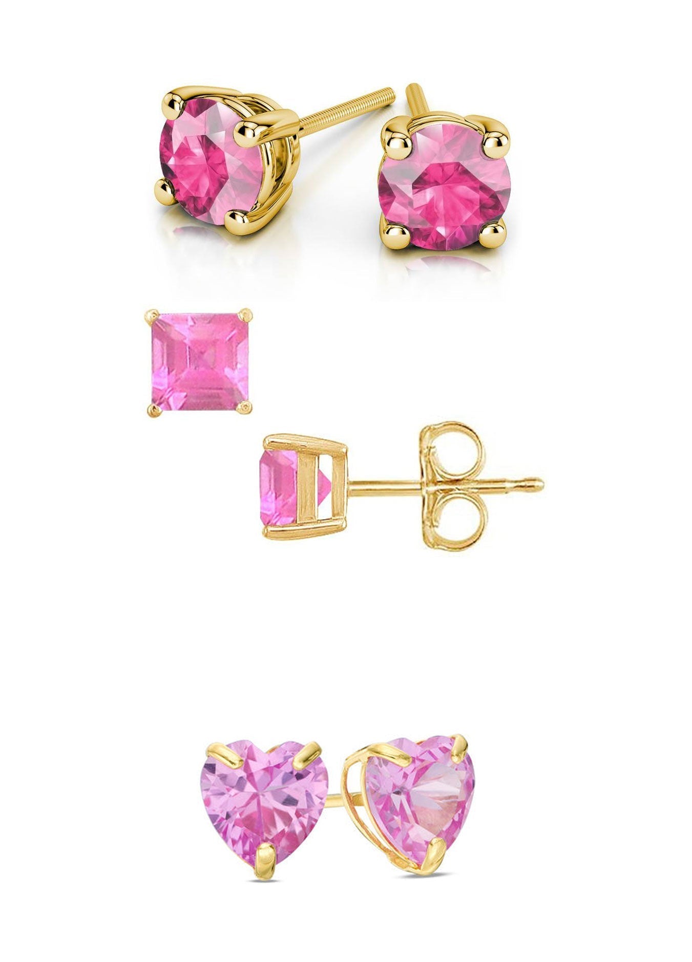DiamondX 18k Yellow Gold Created Pink Sapphire 3 Pair Round, Square And Heart Stud Earrings Plated 4mm