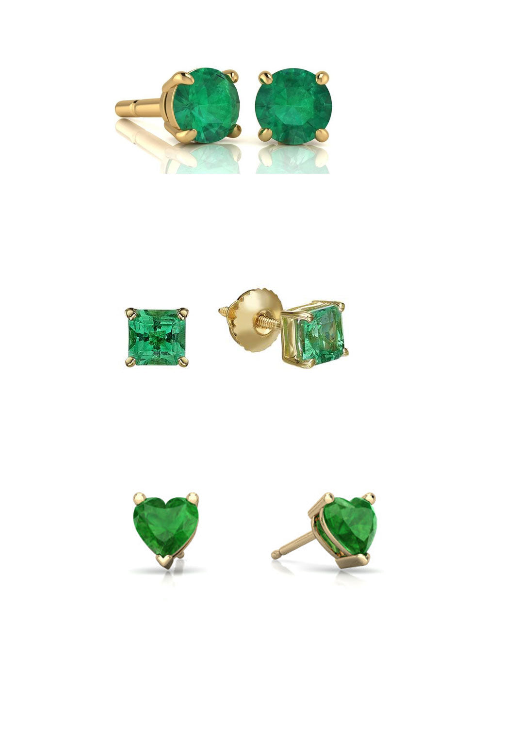 DiamondX 18k Yellow Gold 4Cttw Created Emerald 3 Pair Round, Square And Heart Stud Earrings Plated
