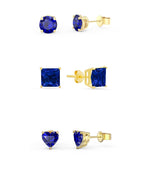 DiamondX 18k Yellow Gold Created Blue Sapphire 3 Pair Round, Square And Heart Stud Earrings Plated 4mm