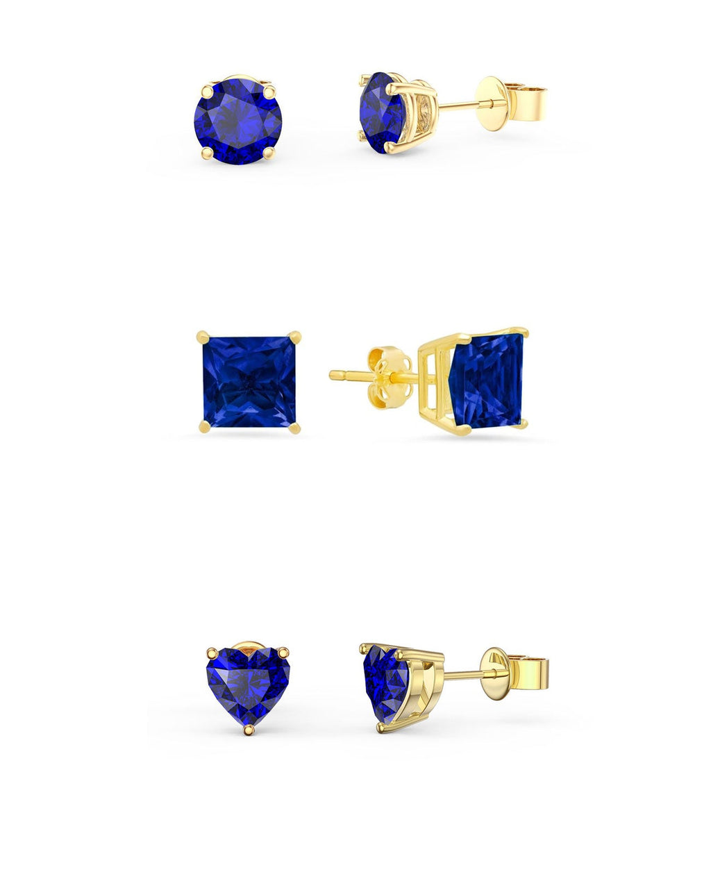 DiamondX 18k Yellow Gold 4Cttw Created Blue Sapphire 3 Pair Round, Square And Heart Stud Earrings Plated