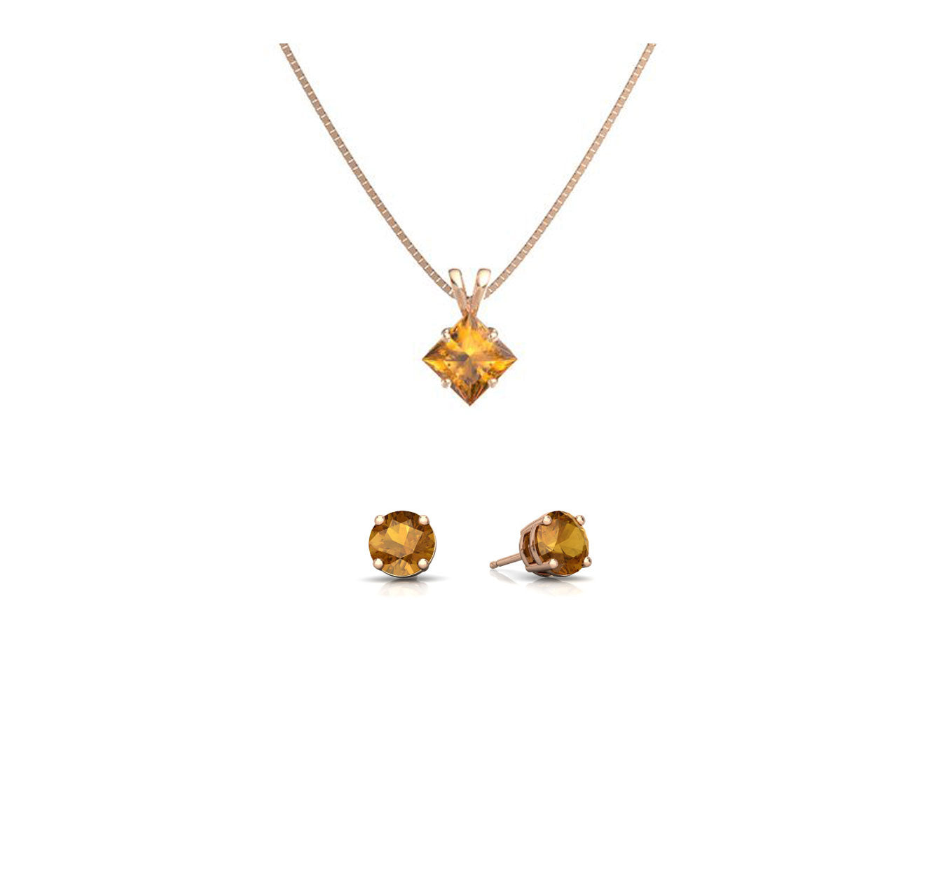 18K Rose Gold 1ct Citrine Princess Cut 18 Inch Necklace and Round Earrings Set Plated