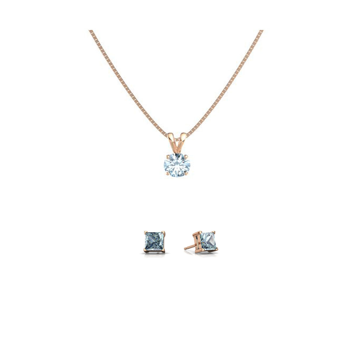 18K Rose Gold 1/2ct Aquamarine Round 18 Inch Necklace and Square Earrings Set Plated