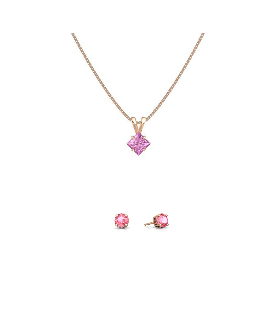 18K Rose Gold 1ct Pink Sapphire Square 18 Inch Necklace and Round Earrings Set Plated