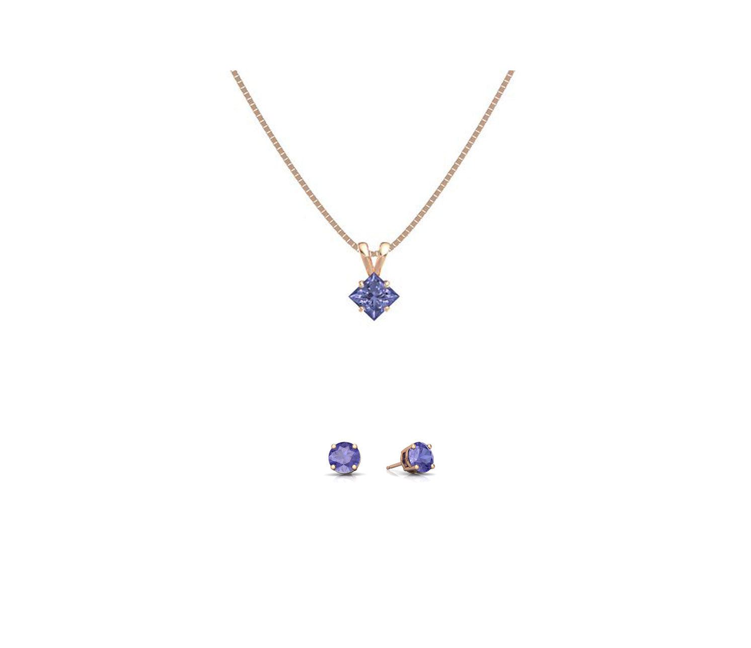 18K Rose Gold 1/2ct Tanzanite Square 18 Inch Necklace and Round Earrings Set Plated