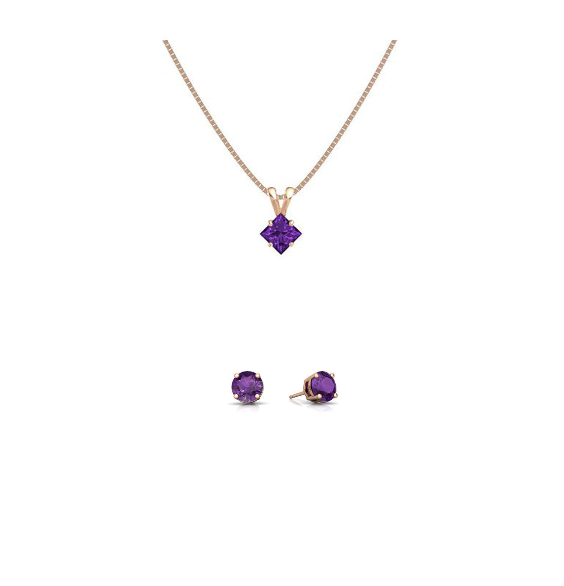 18K Rose Gold 2ct Amethyst Square 18 Inch Necklace and Round Earrings Set Plated