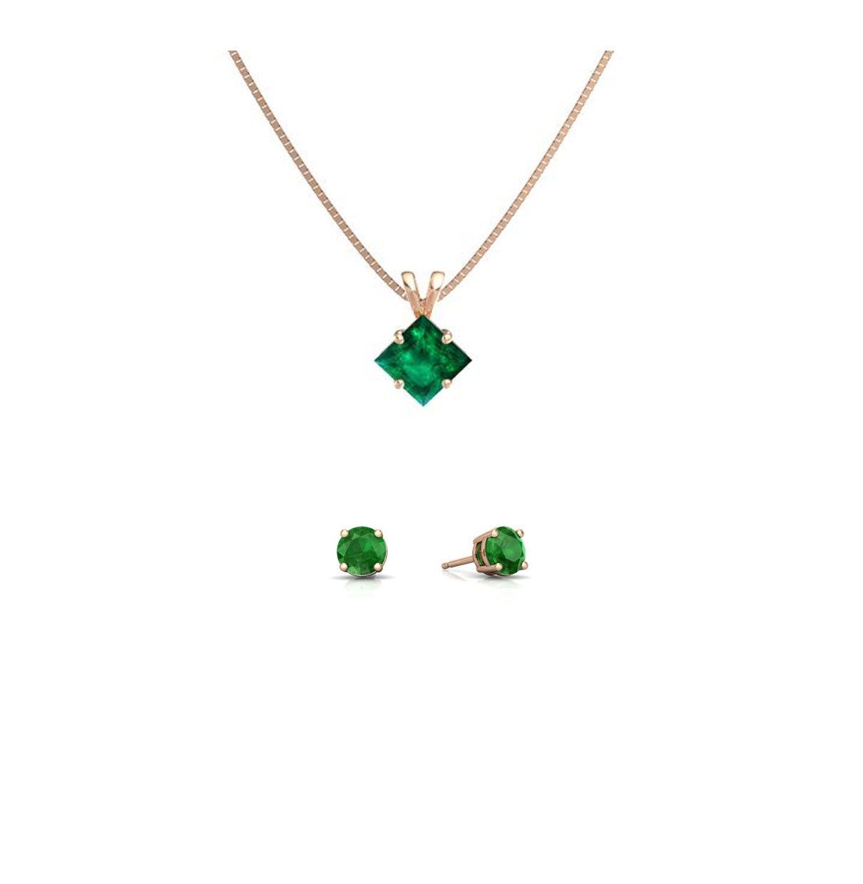 18K Rose Gold 3ct Emerald Square 18 Inch Necklace and Round Earrings Set Plated