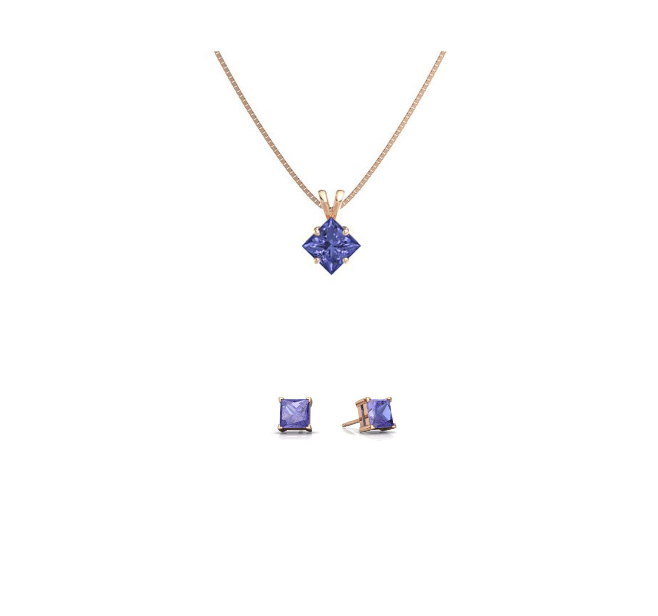 18K Rose Gold 2ct Tanzanite Square 18 Inch Necklace and Earrings Set Plated