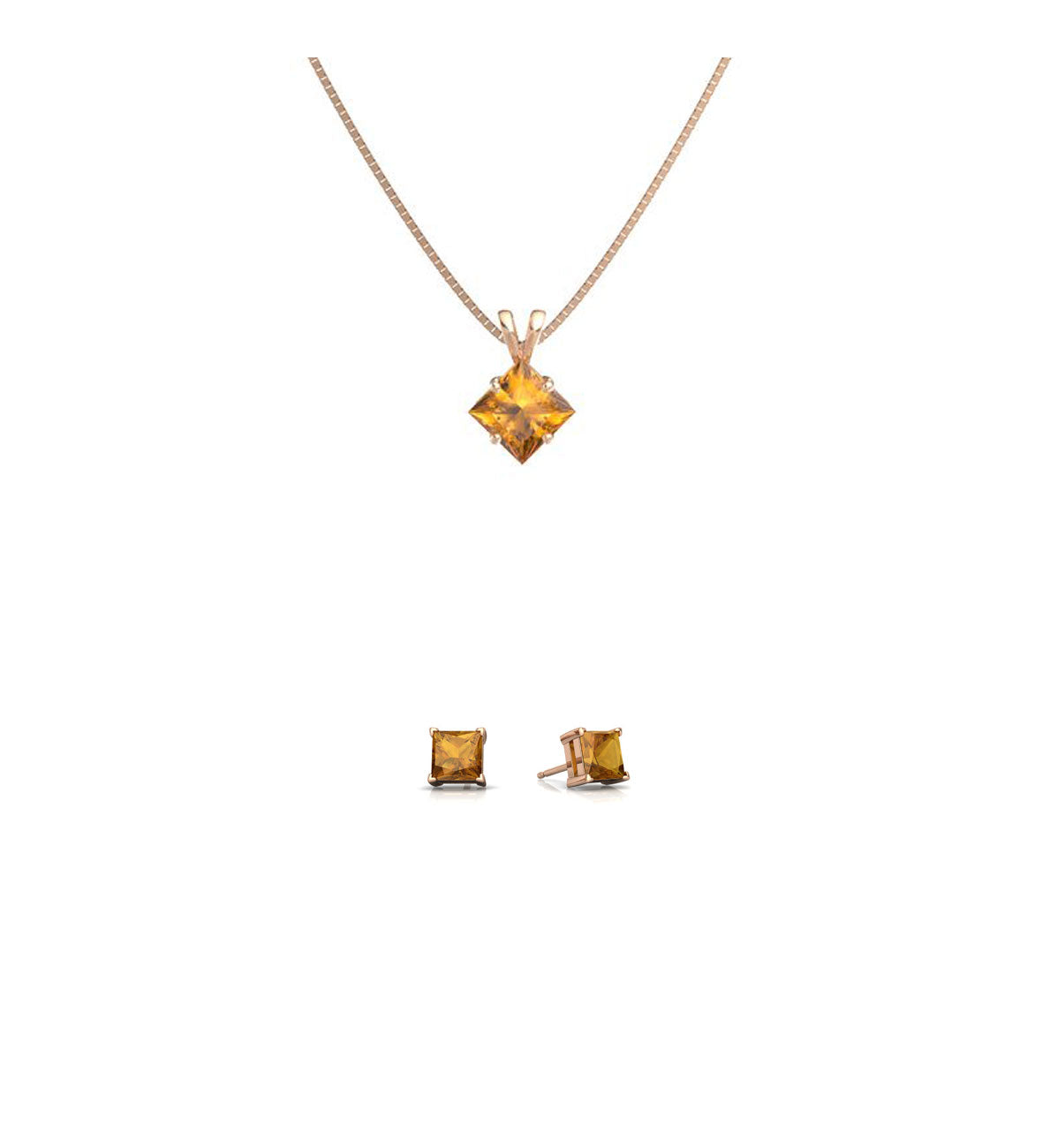 18K Rose Gold 1ct Citrine Square 18 Inch Necklace and Earrings Set Plated