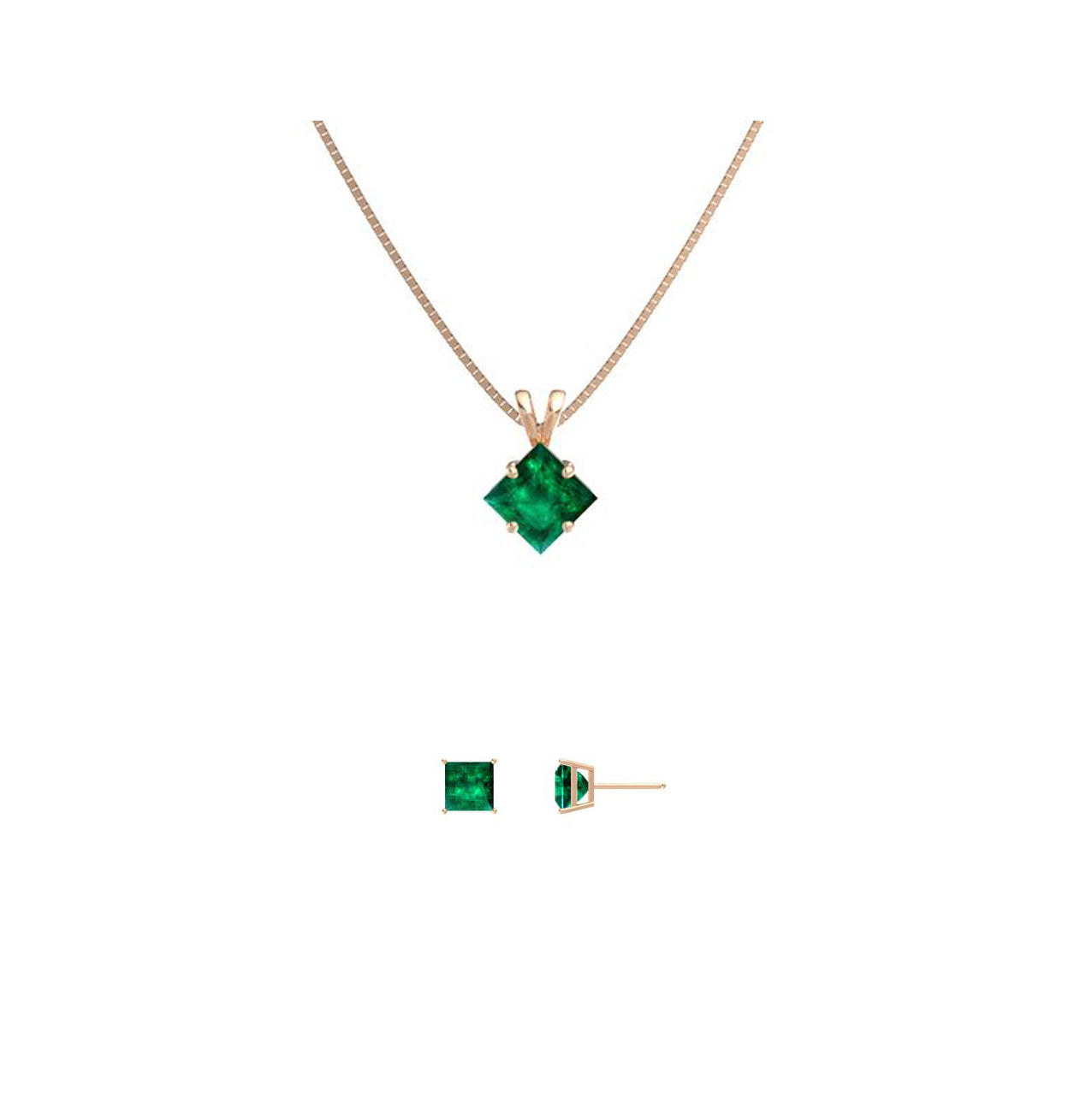 18K Rose Gold 3ct Emerald Square 18 Inch Necklace and Earrings Set Plated