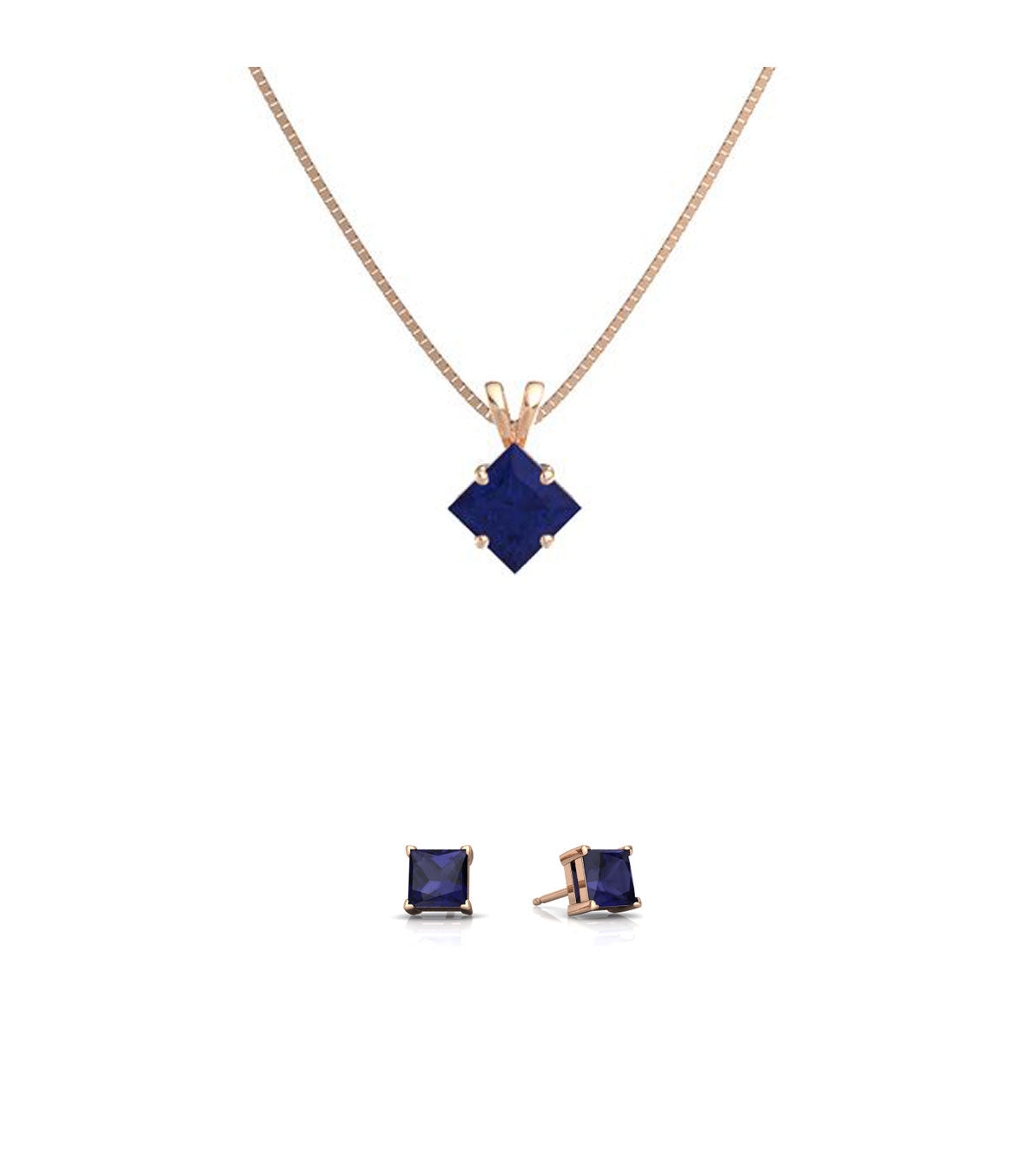 18K Rose Gold 2ct Blue Sapphire Square 18 Inch Necklace and Earrings Set Plated