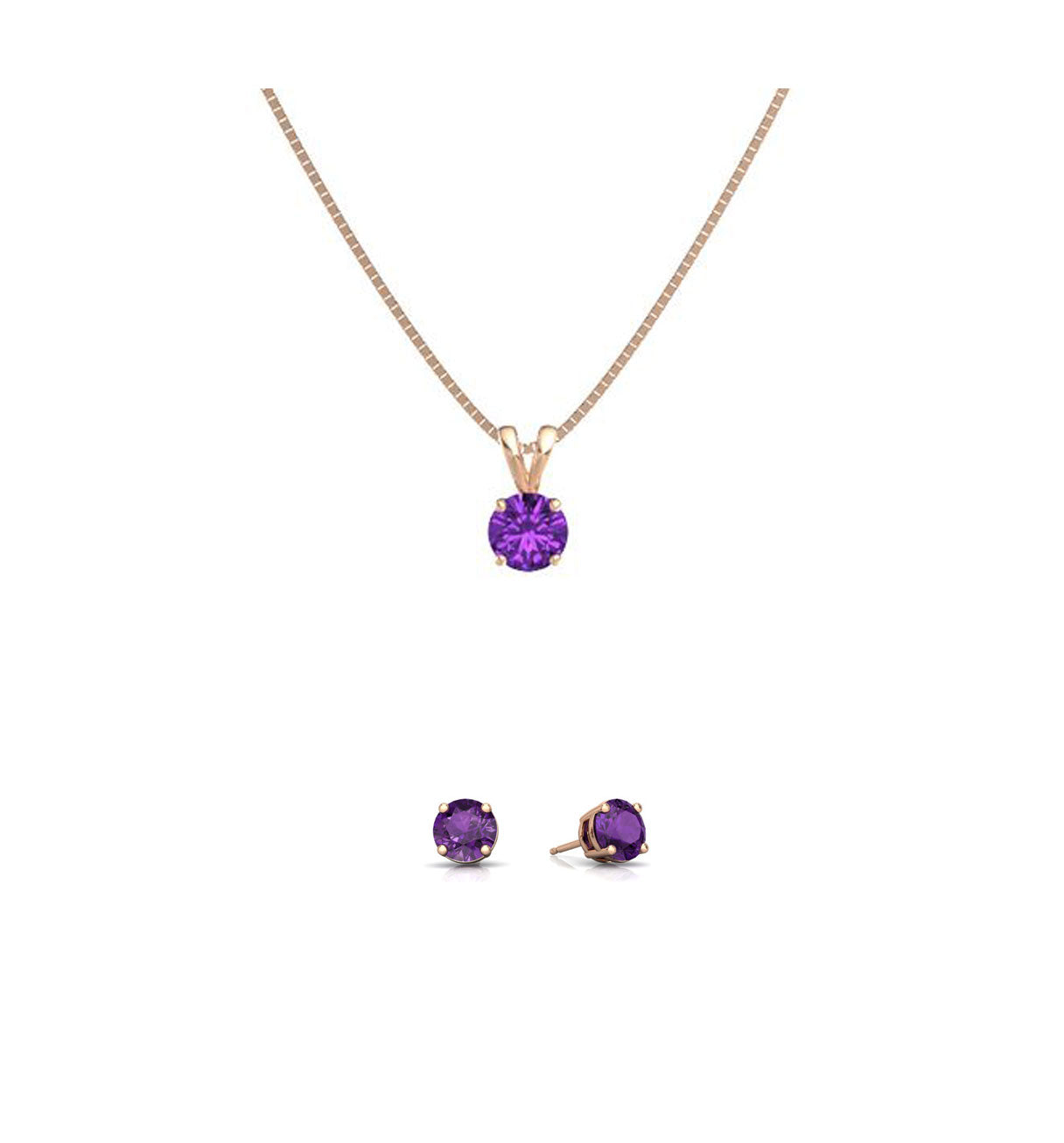 18K Rose Gold 2ct Amethyst Round 18 Inch Necklace and Earrings Set Plated