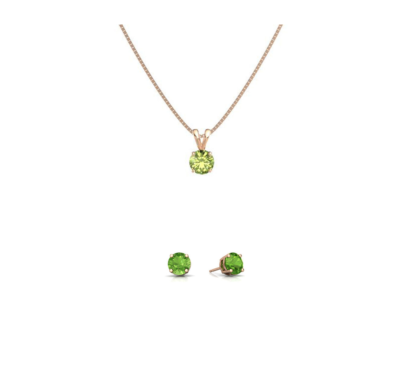 18K Rose Gold 2ct Peridot Round 18 Inch Necklace and Earrings Set Plated