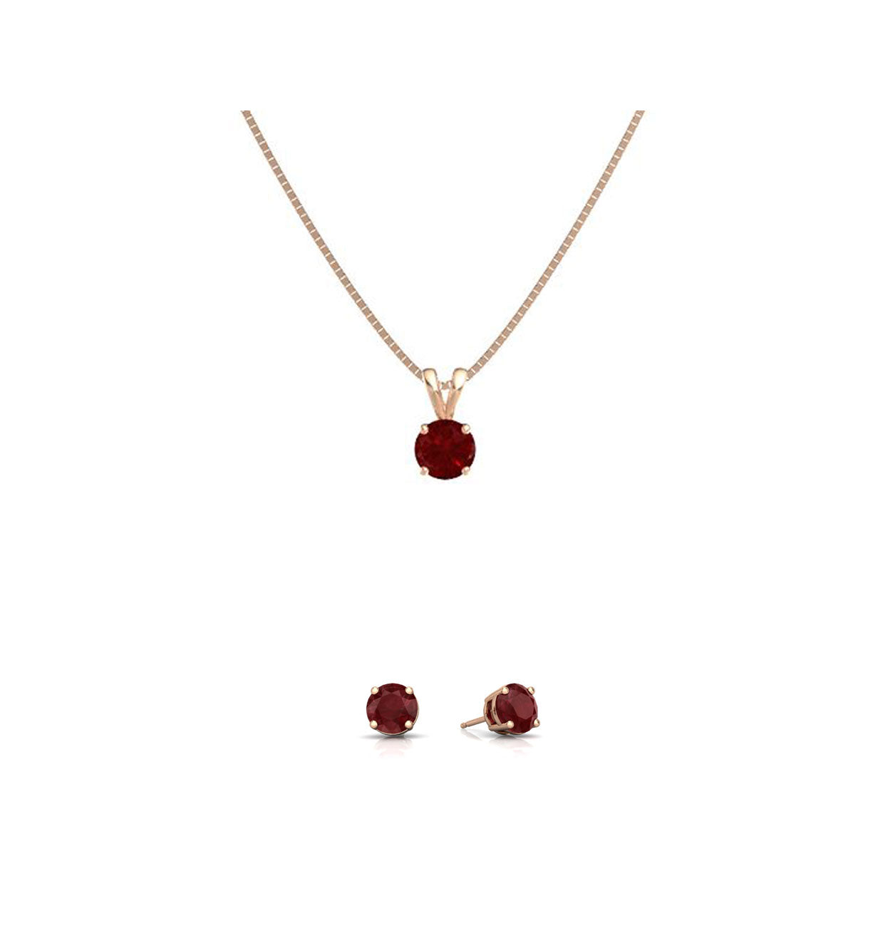 18K Rose Gold 3ct Ruby Round 18 Inch Necklace and Earrings Set Plated