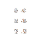 18k Rose Gold Plated Moissanite 3 Pair Round, Square and Heart Stud Earrings 6mm By DiamondX