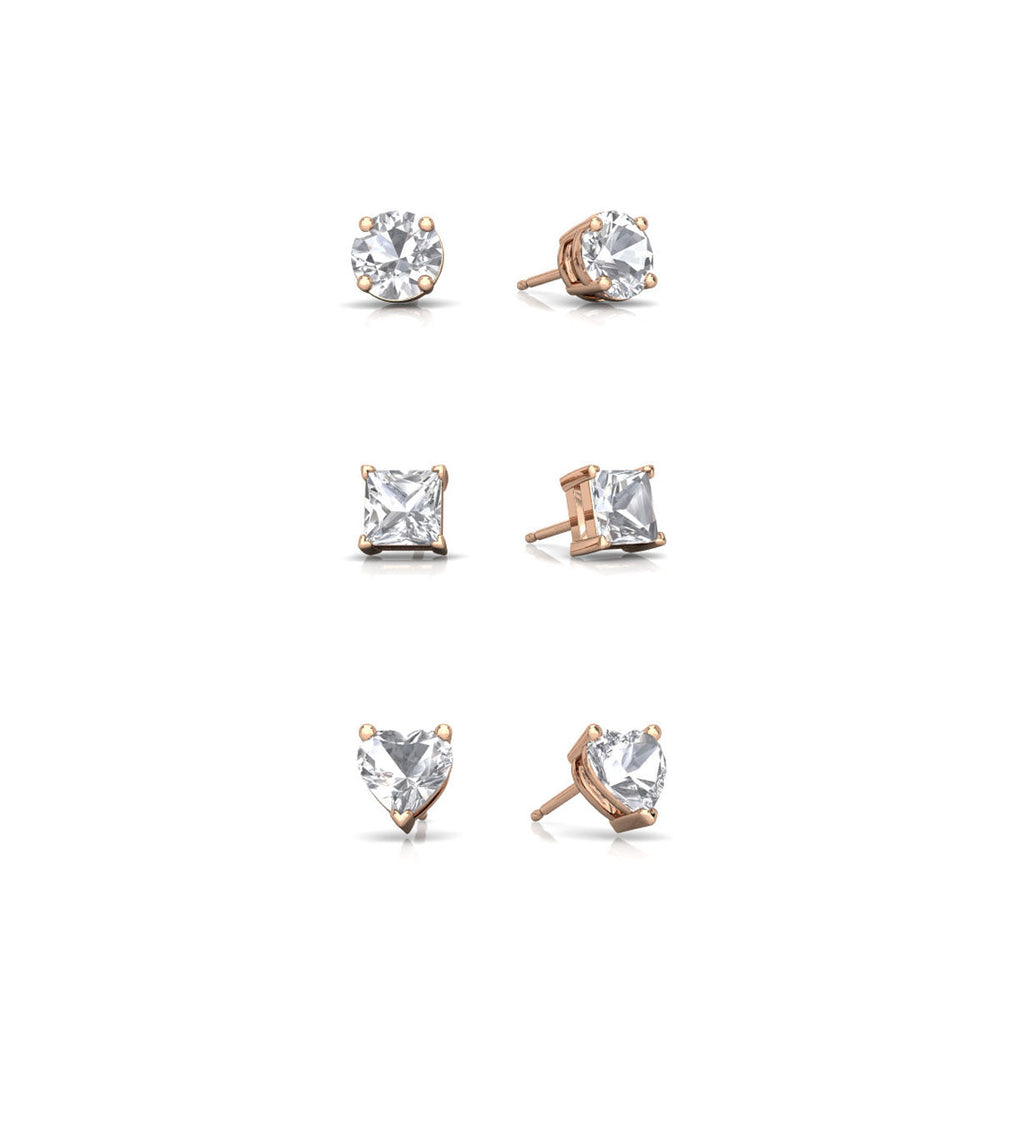 18k Rose Gold Plated Moissanite 3 Pair Round, Square and Heart Stud Earrings 6mm By DiamondX