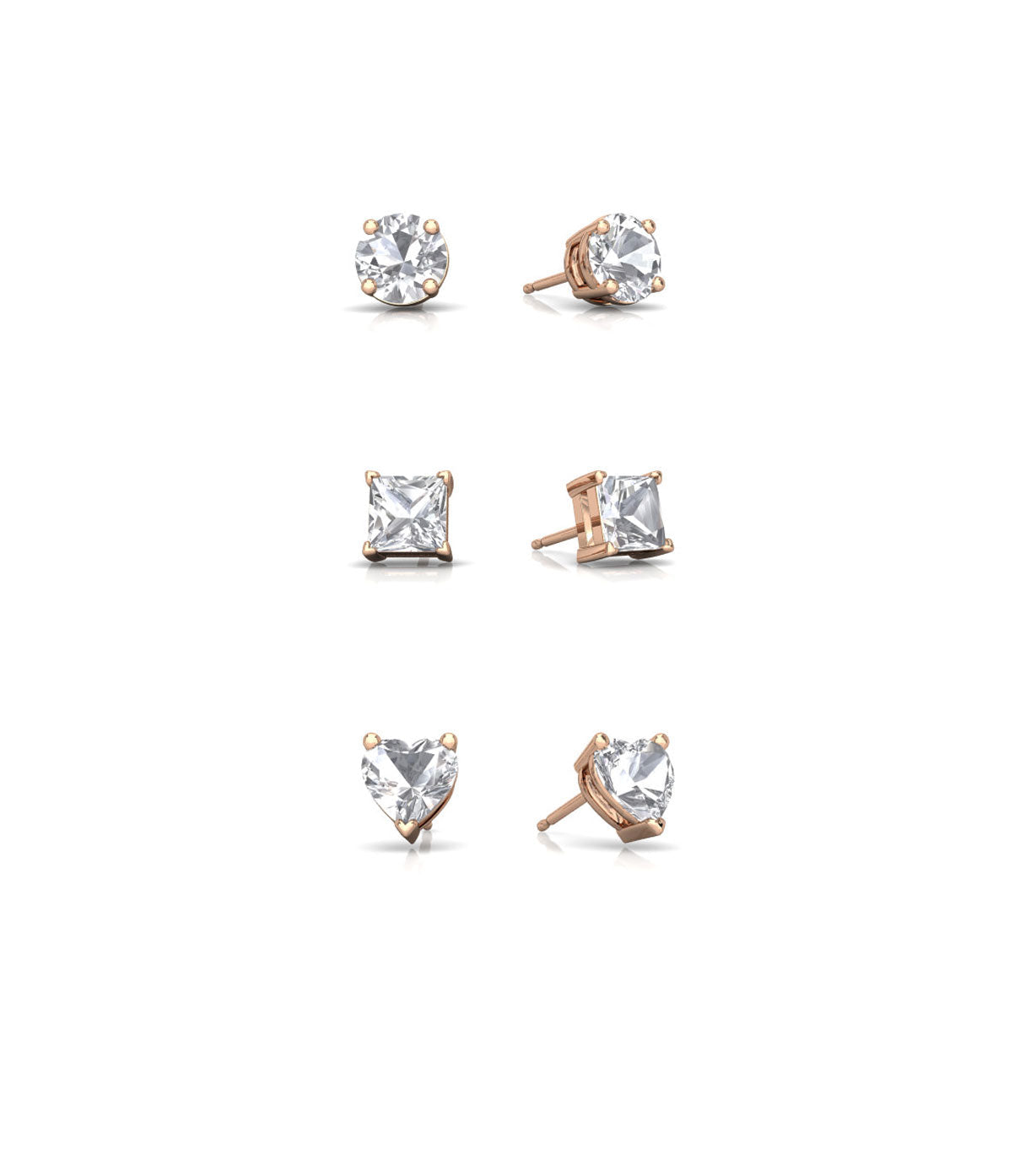 18k Rose Gold Plated 4mm Created White Sapphire 3 Pair Round, Square and Heart Stud Earrings