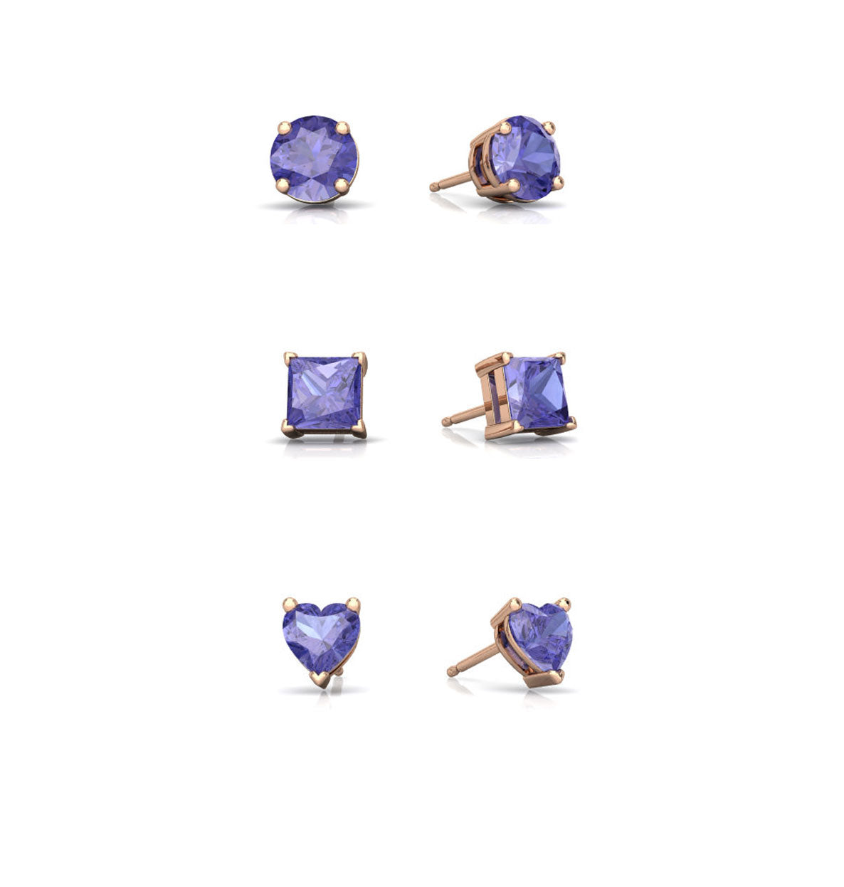 18k Rose Gold Plated 4mm Created Tanzanite 3 Pair Round, Square and Heart Stud Earrings