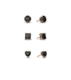 18k Rose Gold Black Moissanite 3 Pair Round, Square and Heart Stud Earrings Plated 4mm By DiamondX