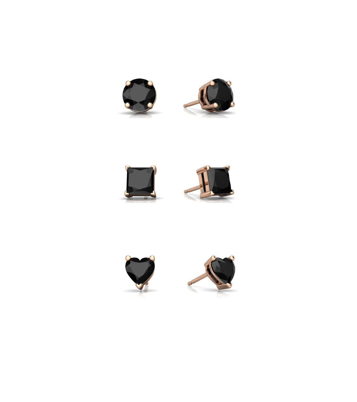 18k Rose Gold Black Moissanite 3 Pair Round, Square and Heart Stud Earrings Plated 4mm By DiamondX