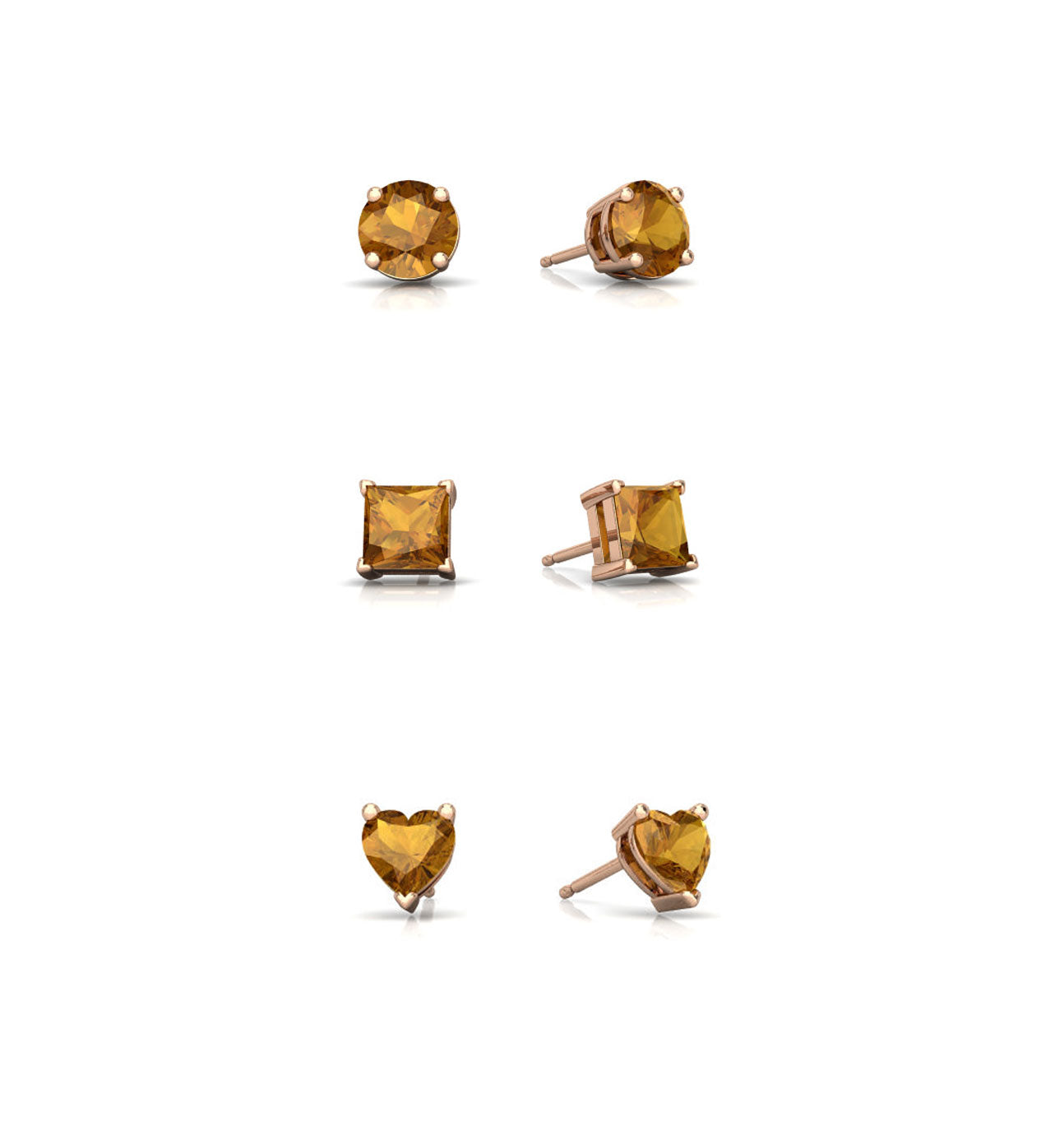 18k Rose Gold Plated 4Cttw Created Citrine 3 Pair Round, Square and Heart Stud Earrings