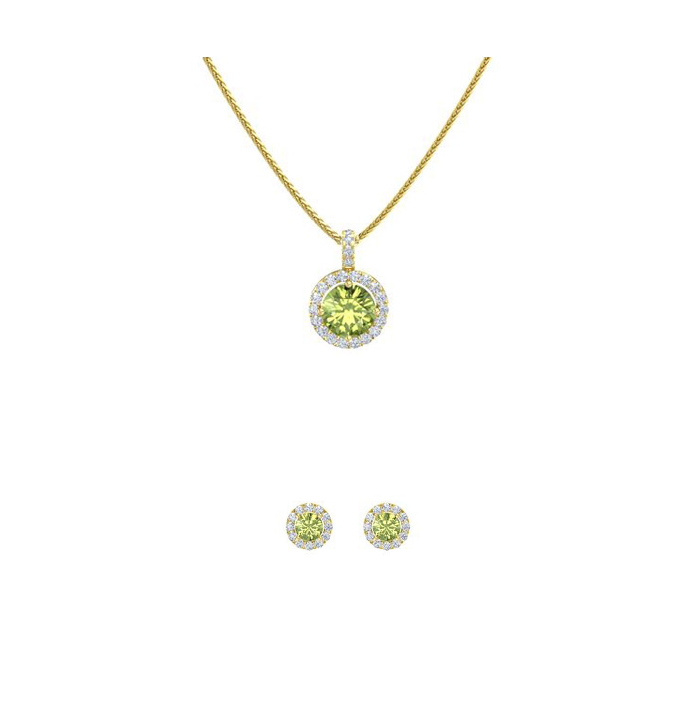 18K Yellow Gold 3ct Halo Peridot Round 18 Inch Necklace and Halo Earrings Set Plated