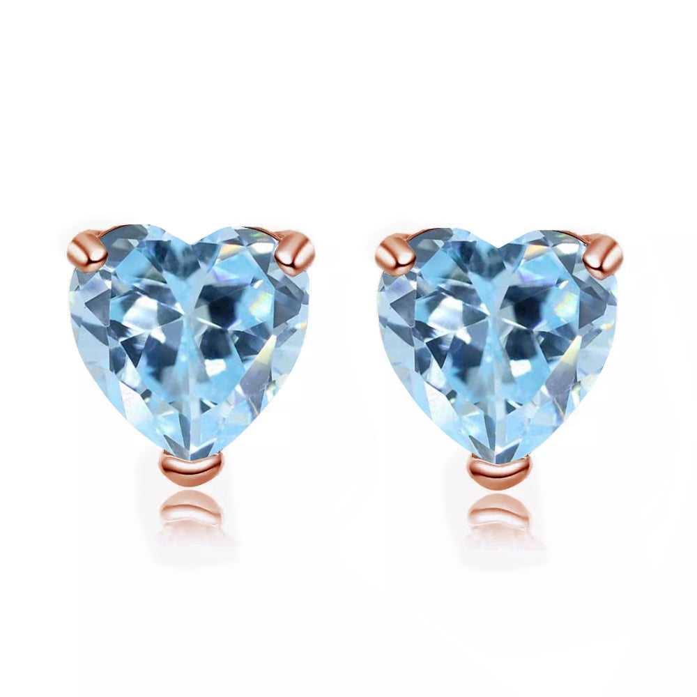 14k Rose Gold Plated  2 Carat Heart Created Aquamarine Sapphire Stud Earrings